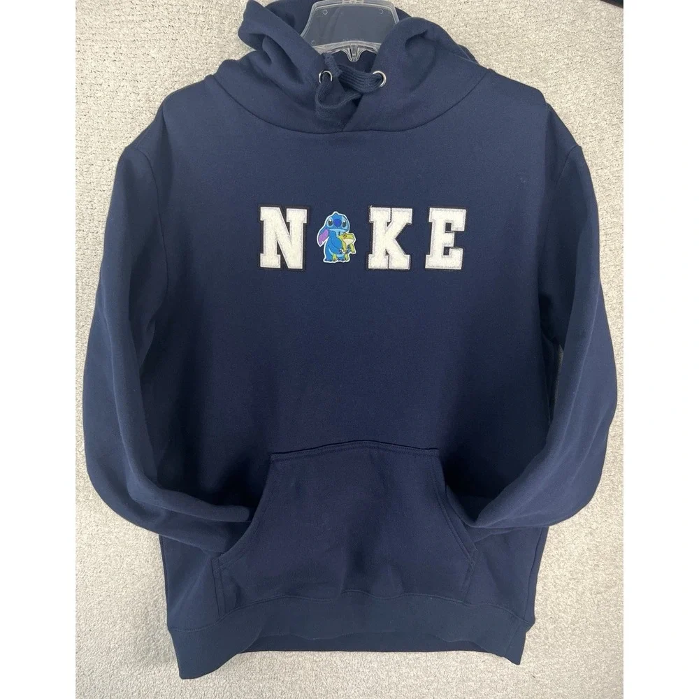 Fit Essentials Stitch  Patch Hoodie Mens L Navy Blue Spellout Disney EUC